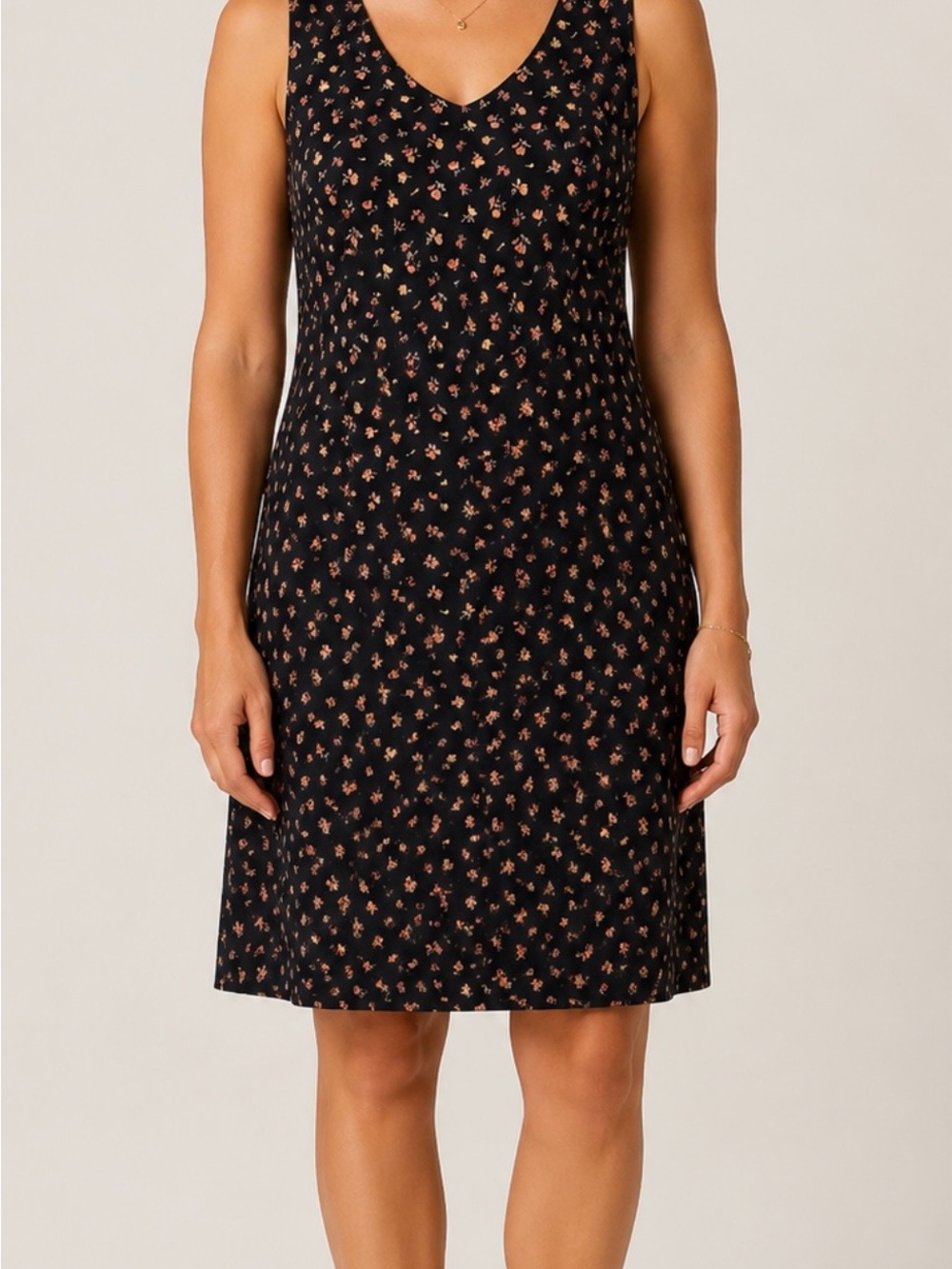 April Cornell Black Sleeveless Dress with Rust Floral Print Size Medium